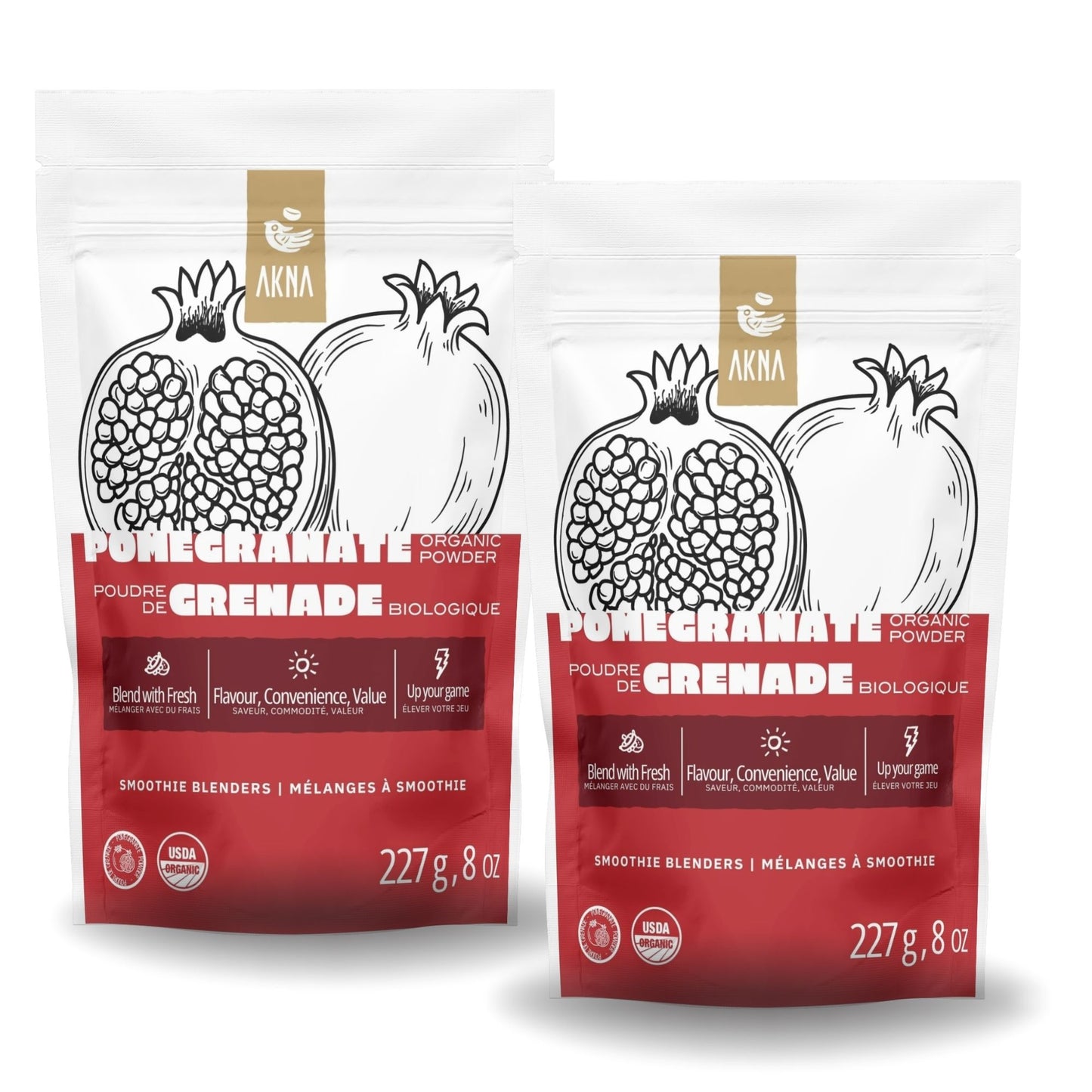 Pomegranate Powder - 2 Pack (2 x 227g / 16oz Total) Pure Superfood Fruit Powder for Smoothies, Baking & Yogurt - Non-GMO, Vegan, Gluten-Free - 2 Resealable Pouches Ak Na Foods