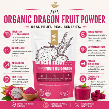 AKNA USDA Organic Red Dragon Fruit Powder 227g -8oz AKNA Foods