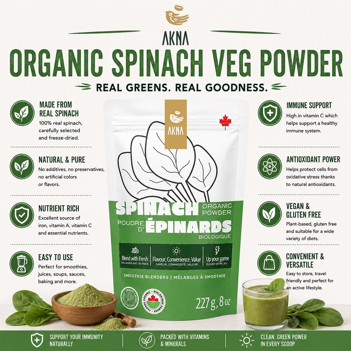 AKNA Canada Organic Certified Spinach Powder, 227g 8oz AKNA Foods