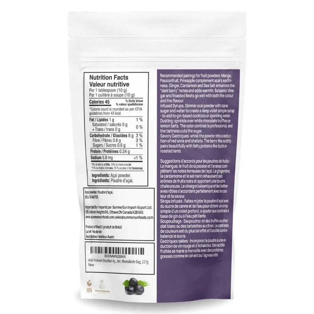 AKNA Premium Brazilian Açaí Powder, Resealable Bag, 227g (8 oz) AKNA Foods