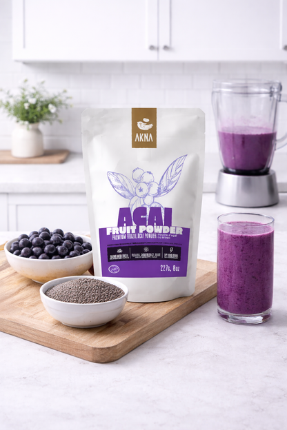AKNA Premium Brazilian Açaí Powder, Resealable Bag, 227g (8 oz), easy mix for healthy drink and smoothies, Rich in Antioxidants – Non-GMO