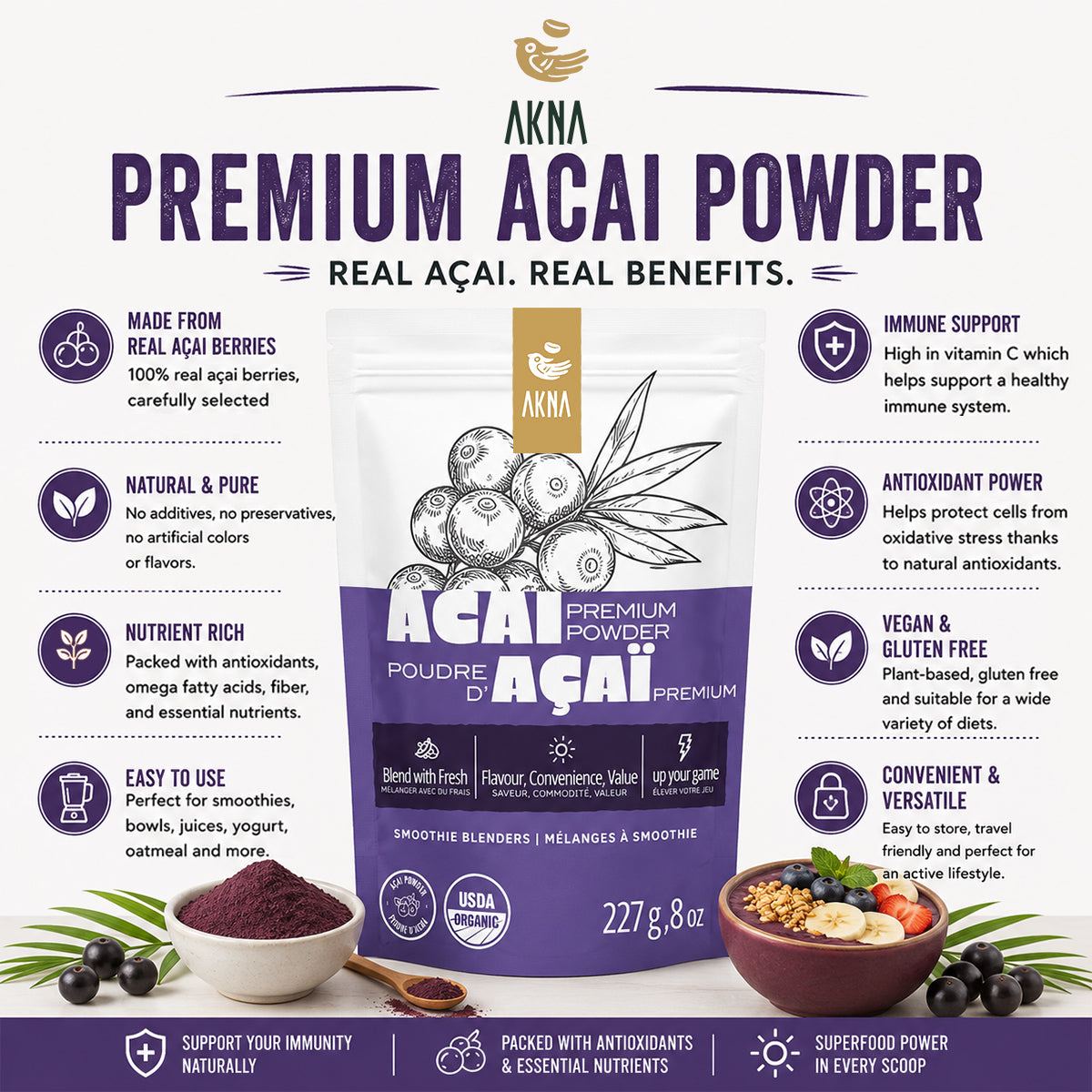 AKNA Premium Brazilian Açaí Powder, Resealable Bag, 227g (8 oz) AKNA Foods