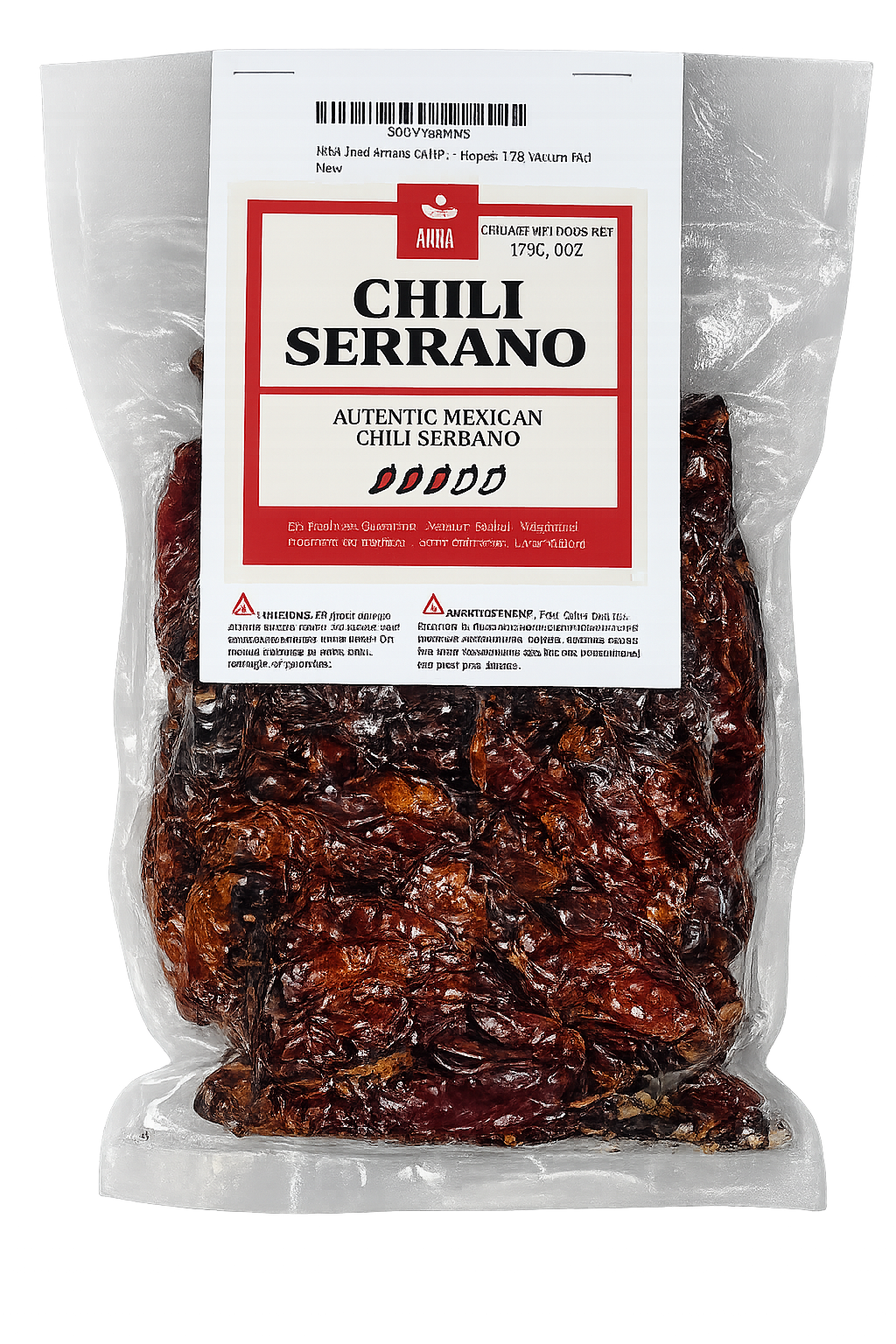 Packaged chili serrano with a visible label on a white background