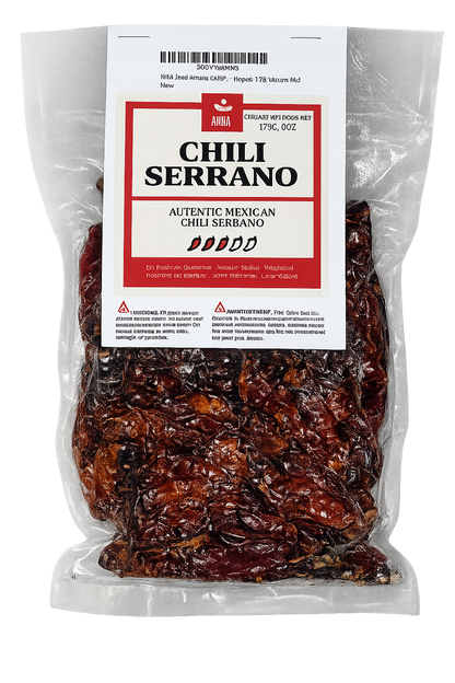 Packaged chili serrano with a visible label on a white background