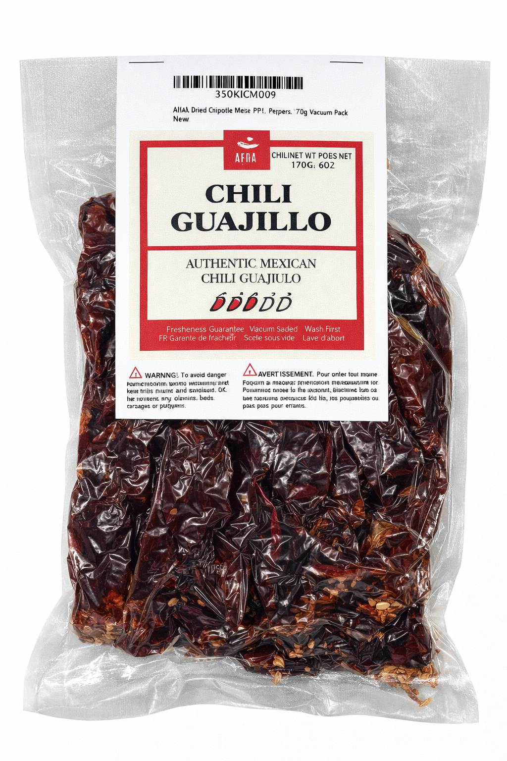 Packaged dried chili guajillo with a label on a white background