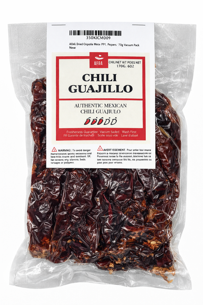Packaged dried chili guajillo with a label on a white background
