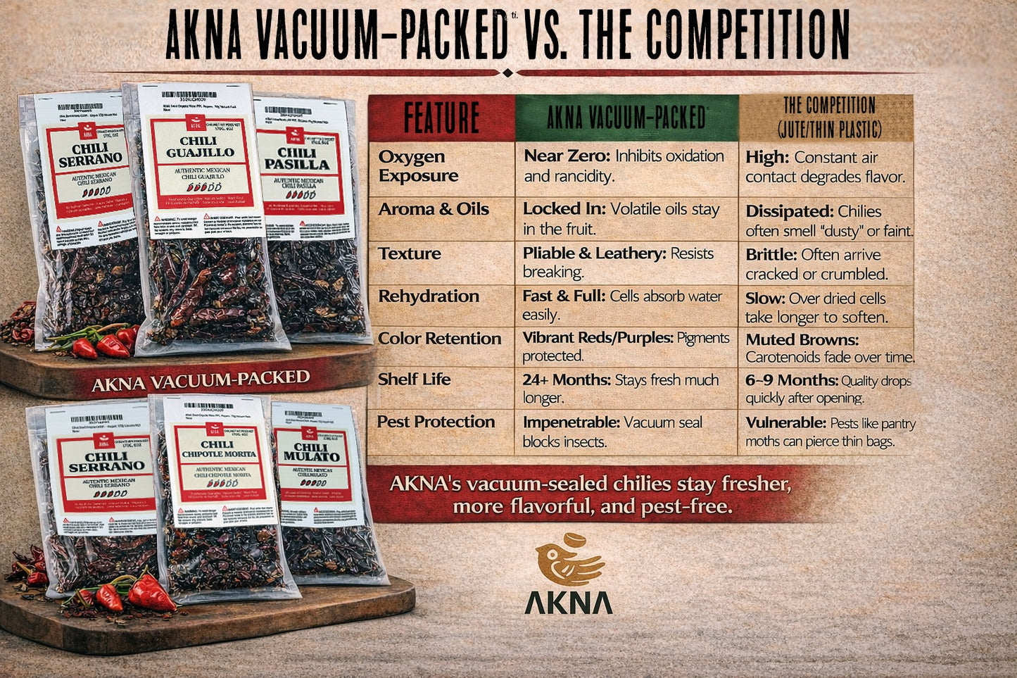 AKNA Authentic Dried Arbol Chili Peppers , 170g -6oz