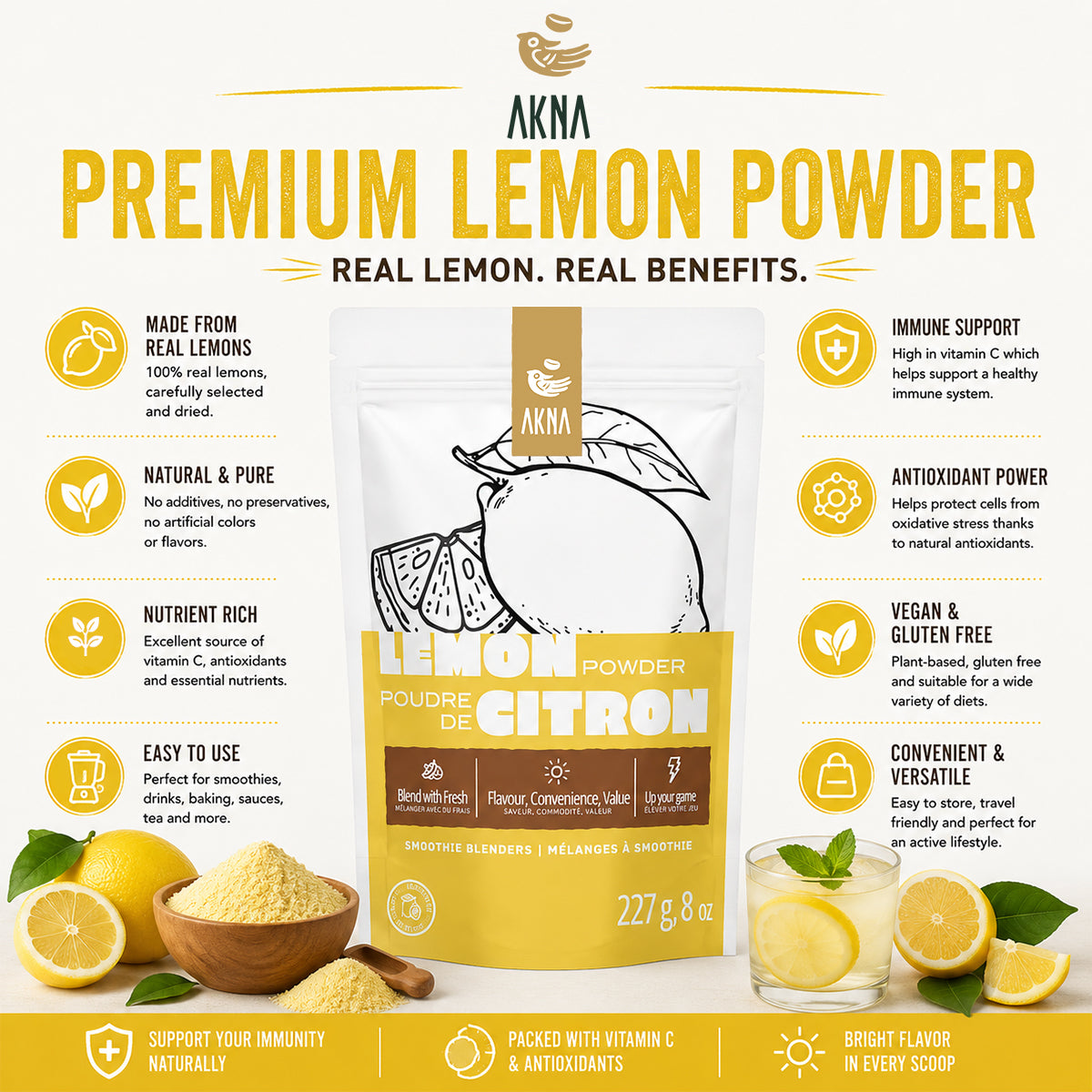 AKNA 🍋 Premium Lemon Fruit Powder, 227g -8oz AKNA Foods