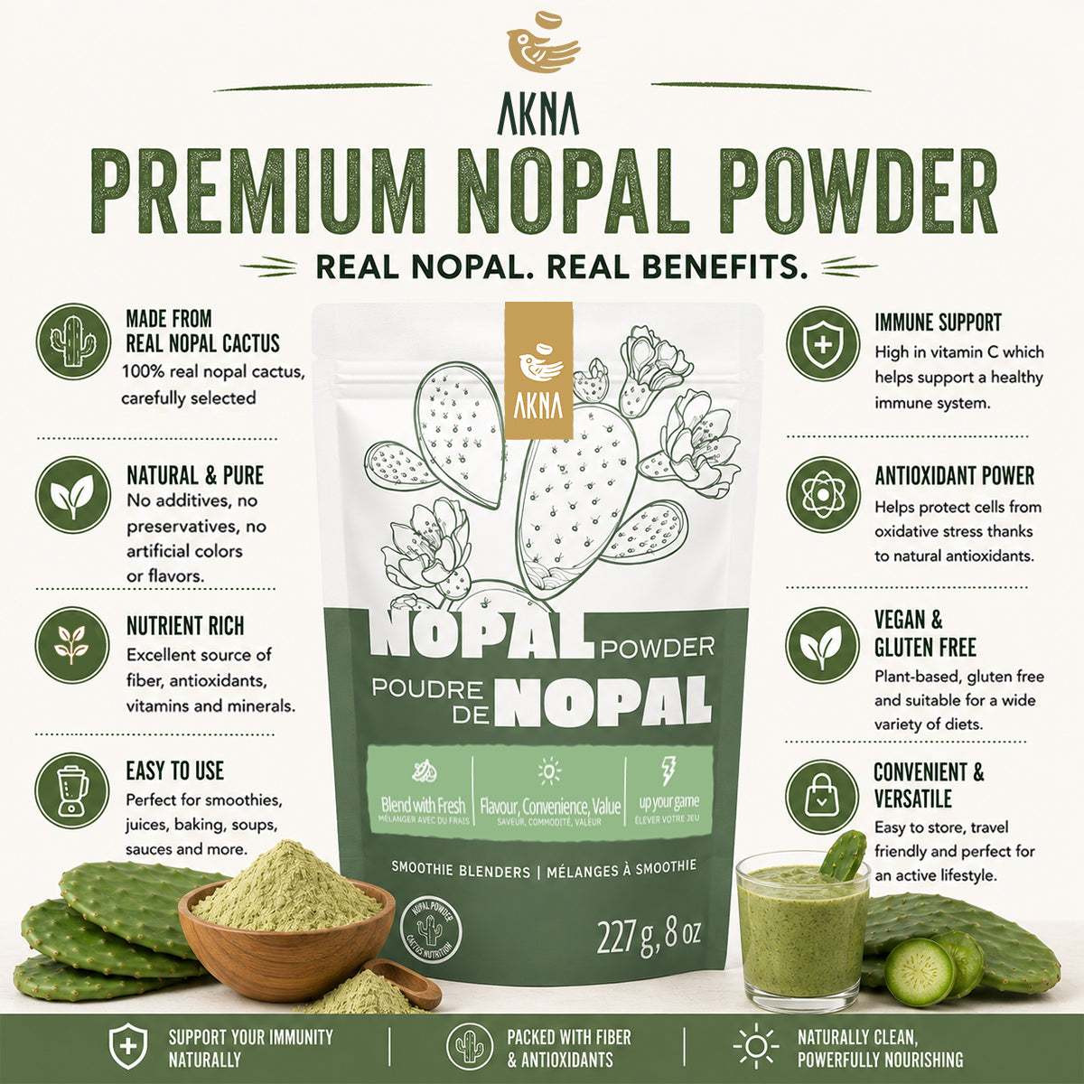 AKNA Nopal Cactus Leaf Powder, 227g, 8oz AKNA Foods