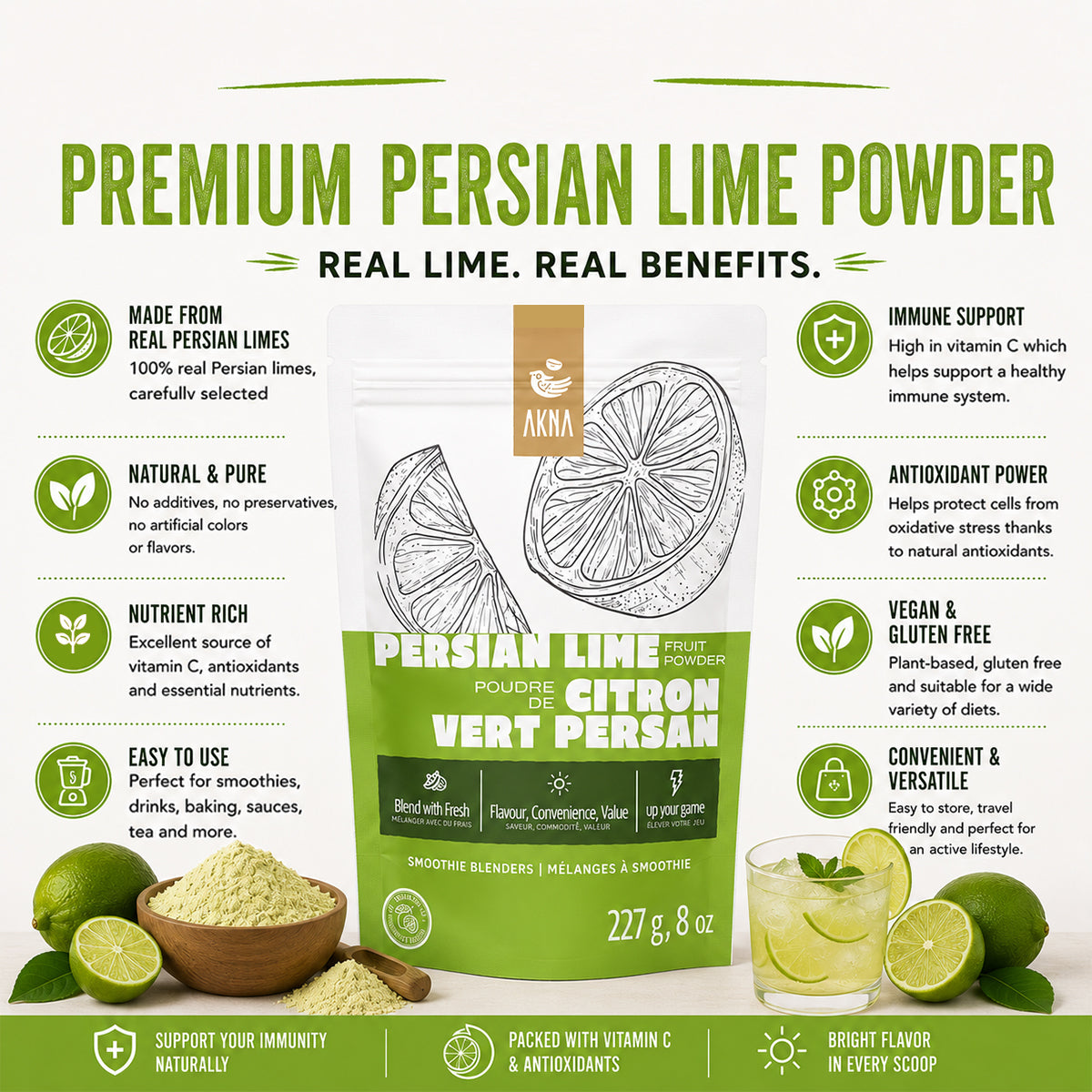 AKNA Persian Lime Powder, Fruit Powder in a 227g (8oz) AKNA Foods