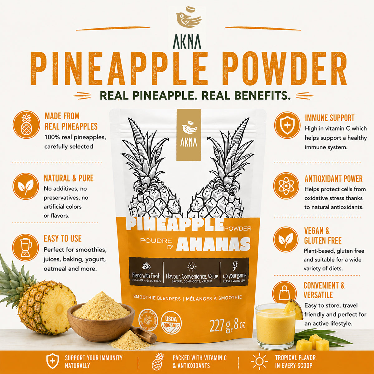 Pineapple Powder 8 oz, 225g Ak Na Foods