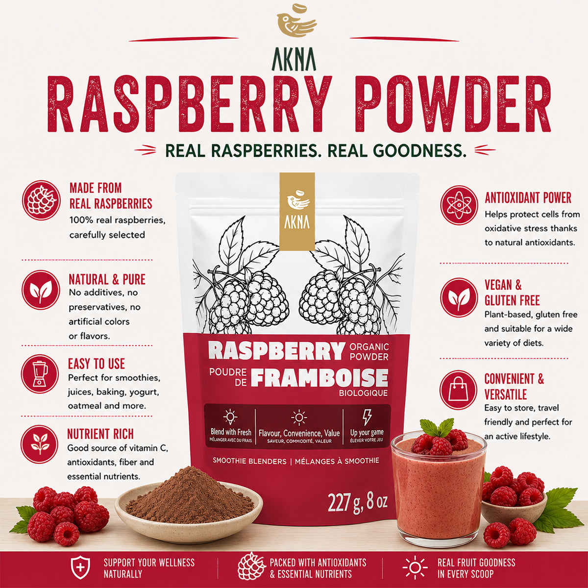AKNA Canada Organic Certified Raspberry Fruit Powder, 227g, 8oz AKNA Foods