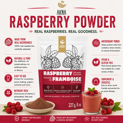 AKNA Canada Organic Certified Raspberry Fruit Powder, 227g, 8oz AKNA Foods