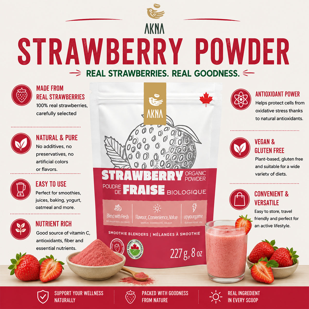 AKNA Canada Organic Certified Strawberry Fruit Powder, 8 oz AKNA Foods