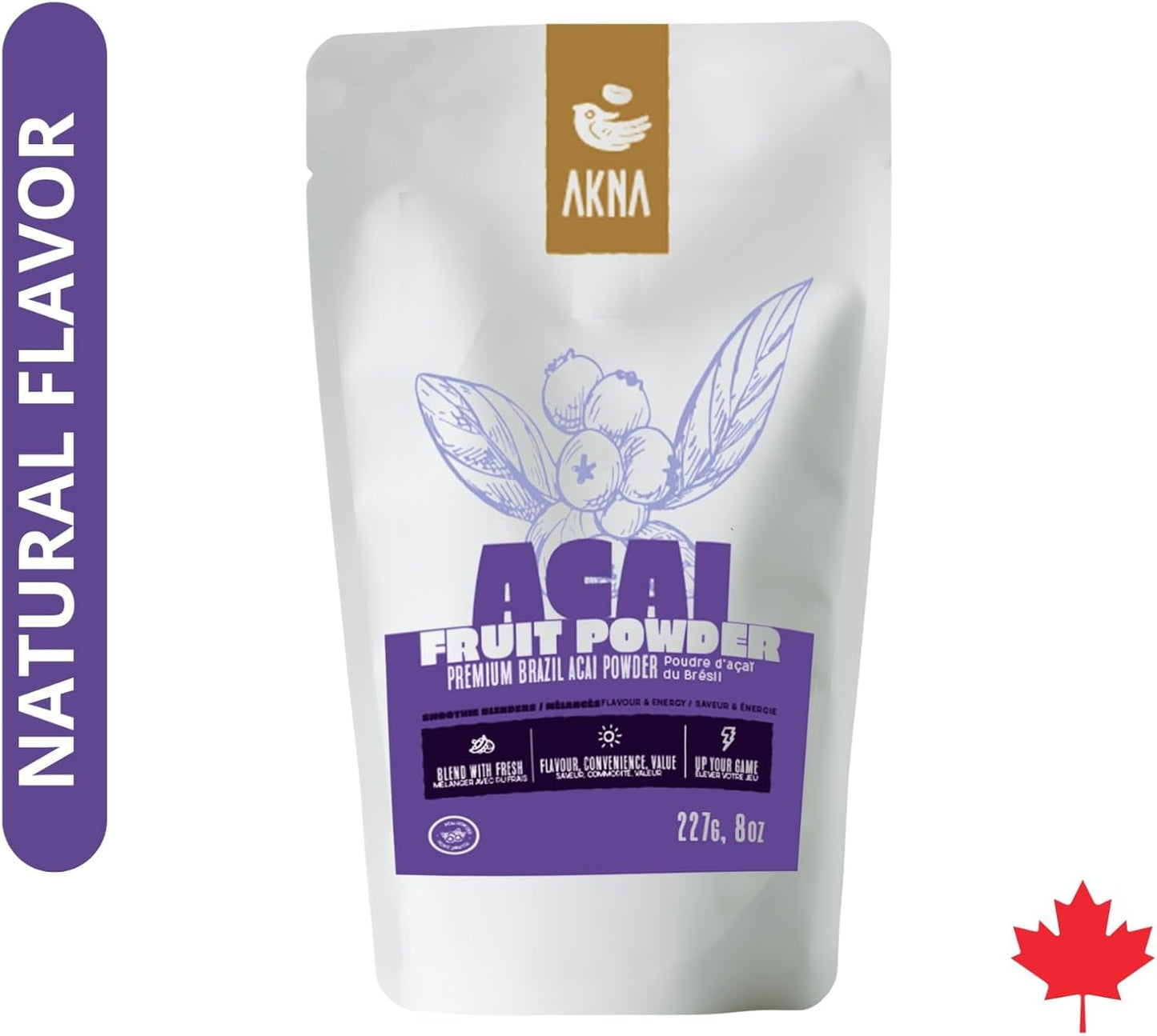 AKNA Premium Brazilian Açaí Powder, Resealable Bag, 227g (8 oz), easy mix for healthy drink and smoothies, Rich in Antioxidants – Non-GMO
